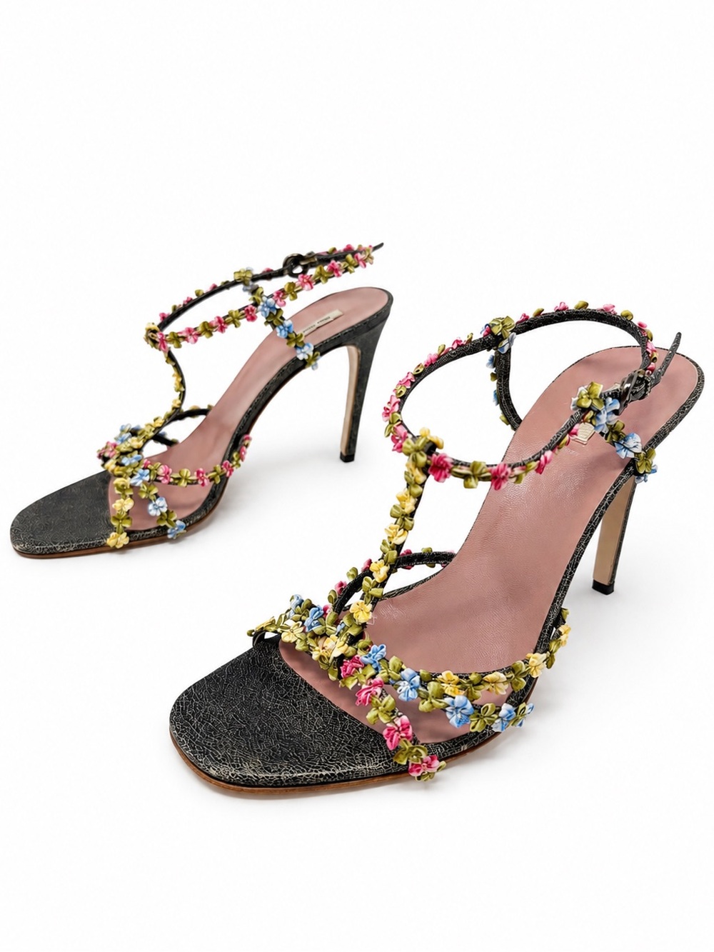 Miu Miu Floral T-Strap Sandal Heels Womens Size EU 38